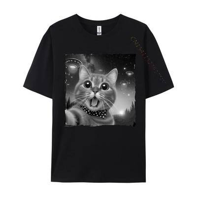 Selfie Cat In Space Tshirts Cute Cat Lovers Tops T Shirt Pure Cotton UFO And Cat Men Design Tops Shirt