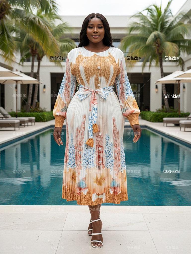 Plus Size African Women's Pleated Dress - Miyake Style, Printed, Lace-up Waist, Elegant Long Fit, Slimming (2026 Collection)