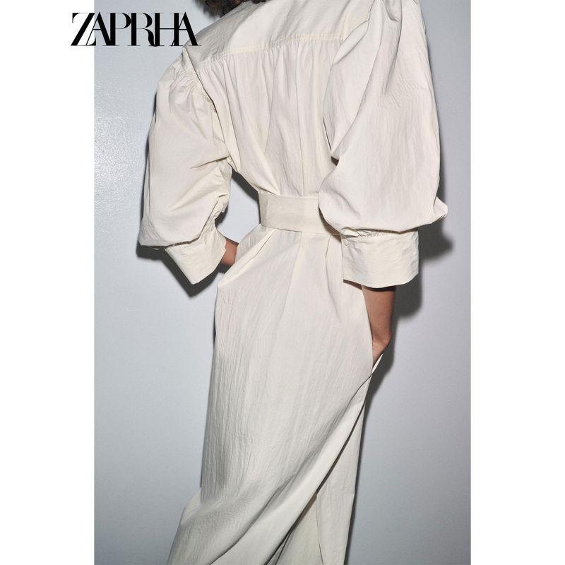 Zaprha 2025 Autumn New With Belt Puff Sleeve Round V-neck Shirt Midi Dress 8193325