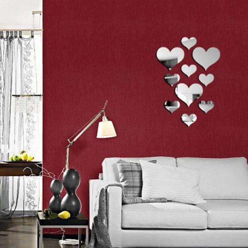10 Pieces Acrylic Heart Wall Stickers Self Adhesive 3D Mirror Effect Home Decor Removable Background Wall Art for Living Room Bedroom