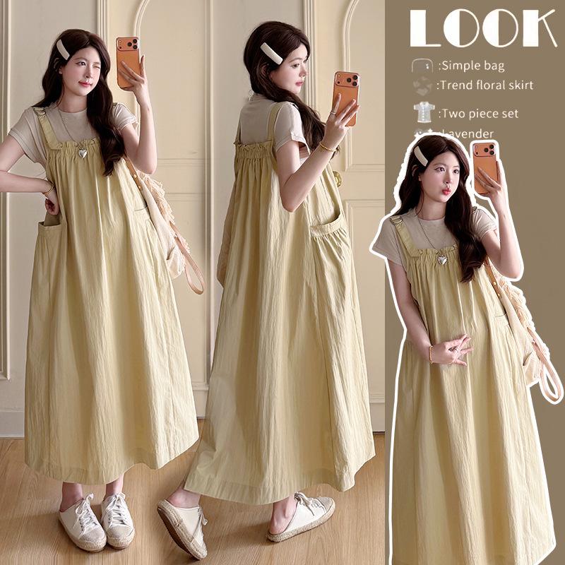 Maternity Summer Fashion French Suspender Skirt Set: High-End, Slimming Belly Covering M
