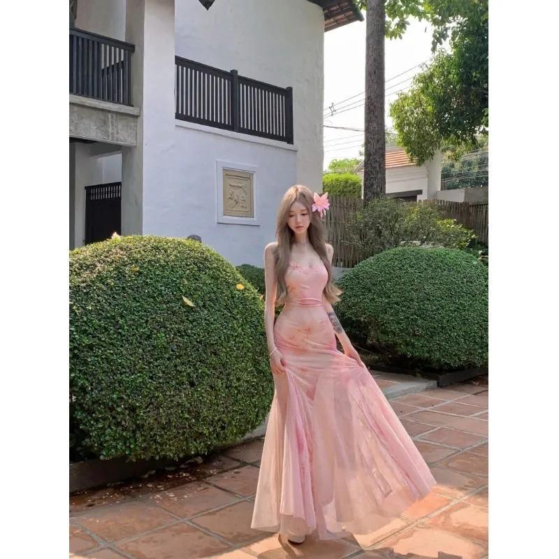 

Женское розовое длинное платье без рукавов с высоким разрезом, струящееся шифоновое, официальное вечернее платье S розовый