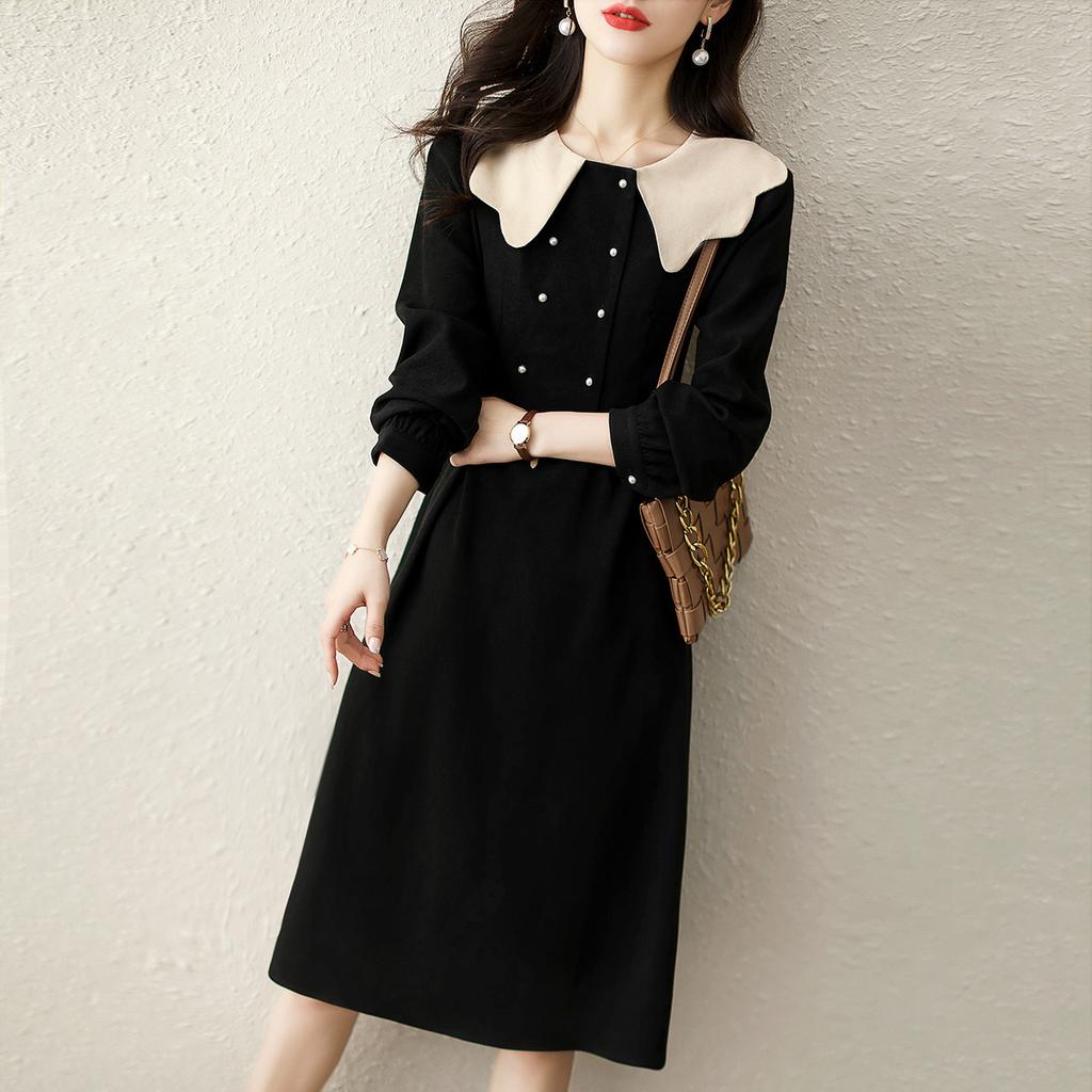 New Winter Contrasting Lace Doll Collar Double-breasted Corduroy Fashionable Mid-style A-line Dress
