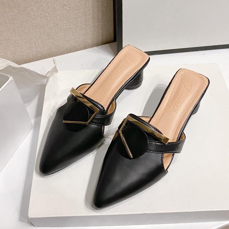 Fashion Aphixta 5cm High Heels Summer Women Slides Outside Pointed Toe Slipper Elegant Slides Fashion Metal Dec Woman Shoes