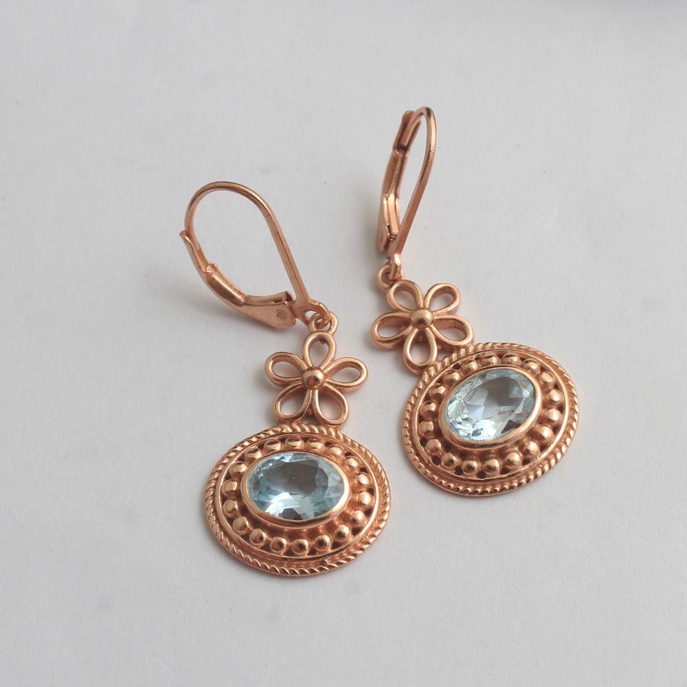 Rose Gold Plated Blue Topaz Leverback Lock Earring 925 Sterling Silver December Birthstone Women Jewelry