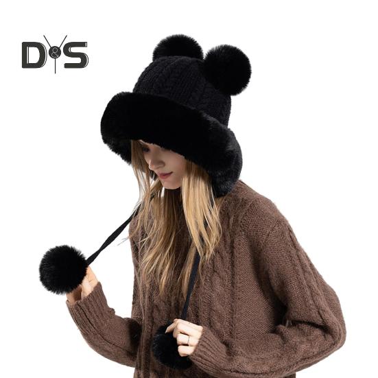 

Зимняя женская шапка из пушистого плюша с утолщенным теплом, с декором в виде мяча, защита ушей, однотонная, ветрозащитная, для кемпинга, велоспорта, катания на лыжах, головной убор чёрный