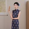 1011 New New Chinese Improved Cheongsam Women's Blue Jacquard Sleeveless Long Daily High Sense Retro Elegance Even