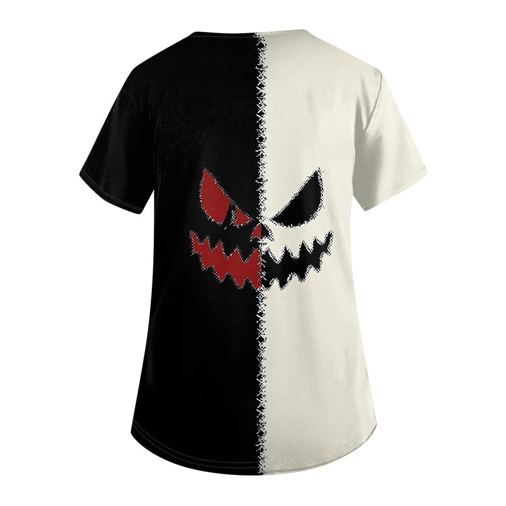 Women's Short-sleeved Halloween Print V-neck Pocket Protective Work Shirt