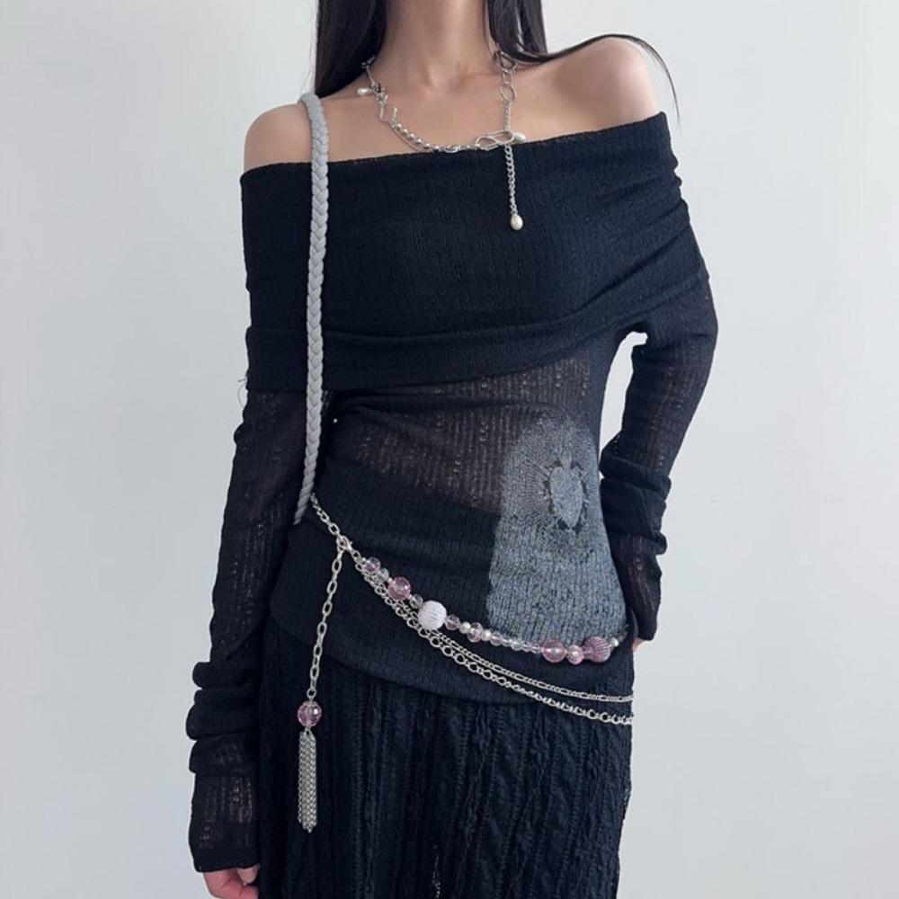 See Through Dark Printed T Shirt Casual Slash Neck Long Sleeve Tees Women Fashion Streetwear Ladies