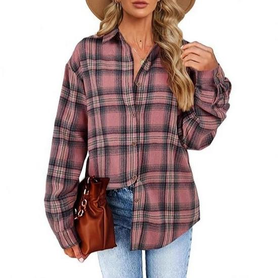 Women s Retro Plaid Slimming Long Sleeve Shirt: Pink-Purple Versatile Top M розовый
