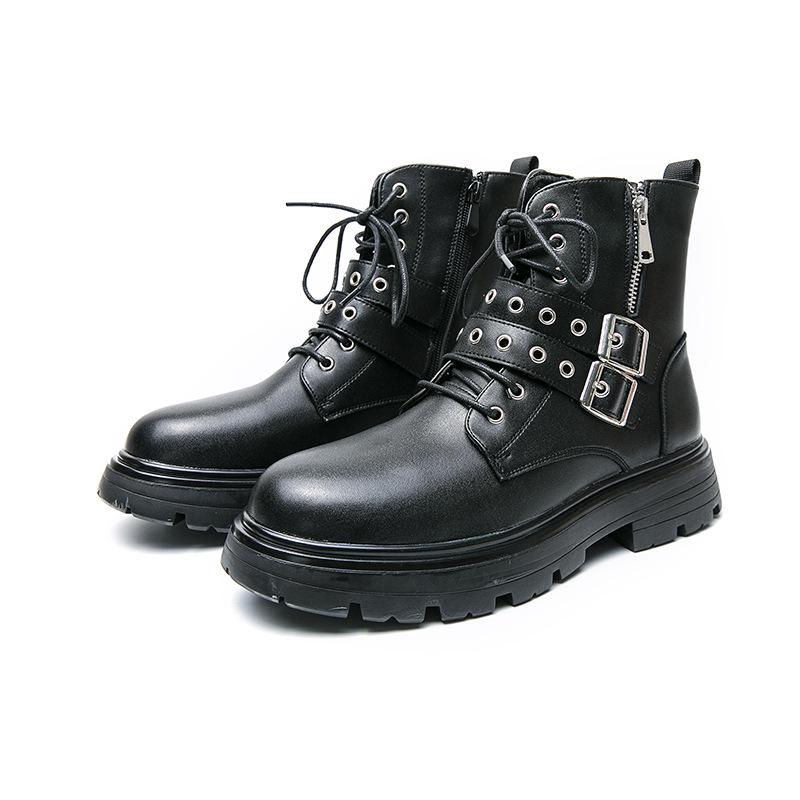 Men's Black Round Toe Ankle Boots with Cross Metal Buckle, Thick Sole, Side Zipper, and Knight Design.