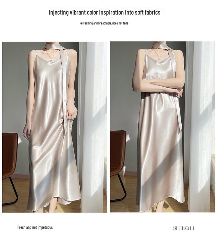 Elegant French V-Neck Spaghetti Strap Satin Dress with Slimming Design