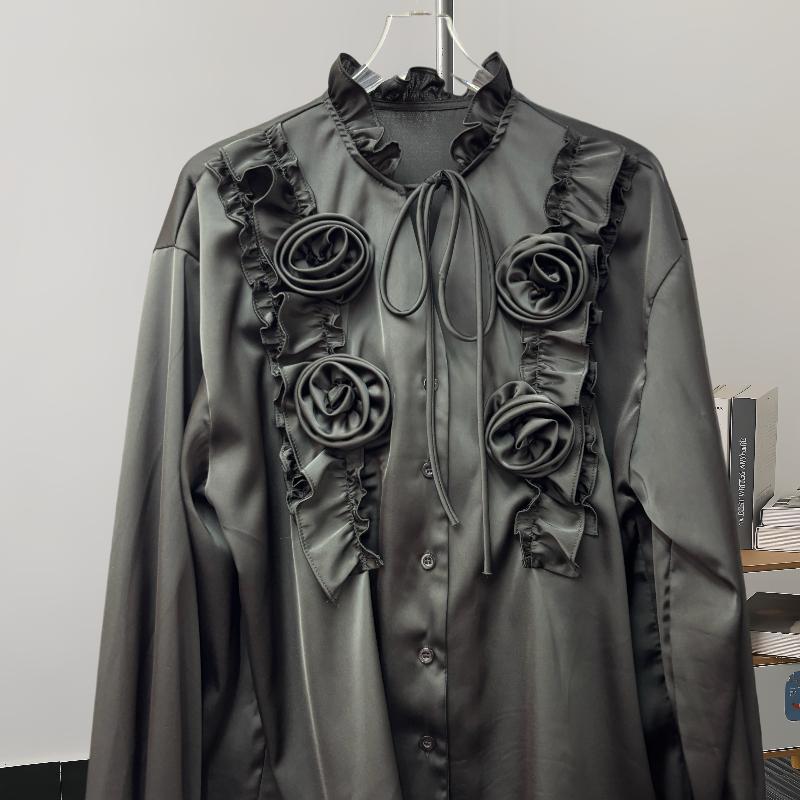 Fashion New Long Sleeve Loose Casual Shirt Women Elegant Solid Single Breasted Flowers Blouse Women Top Vintage Polo Collar Office Ladies Shirts 25807