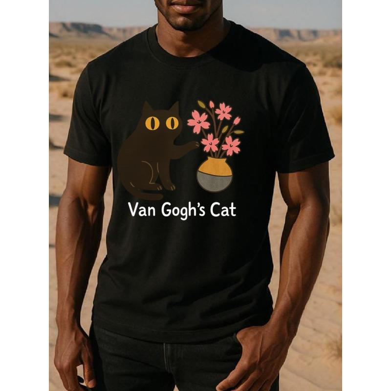 

Men s Breathable Black Cat & Flower Print T-Shirt - Loose Fit Short Sleeve Round Neck Casual Top , Machine Washable for all-Season Wear 4XL чорний