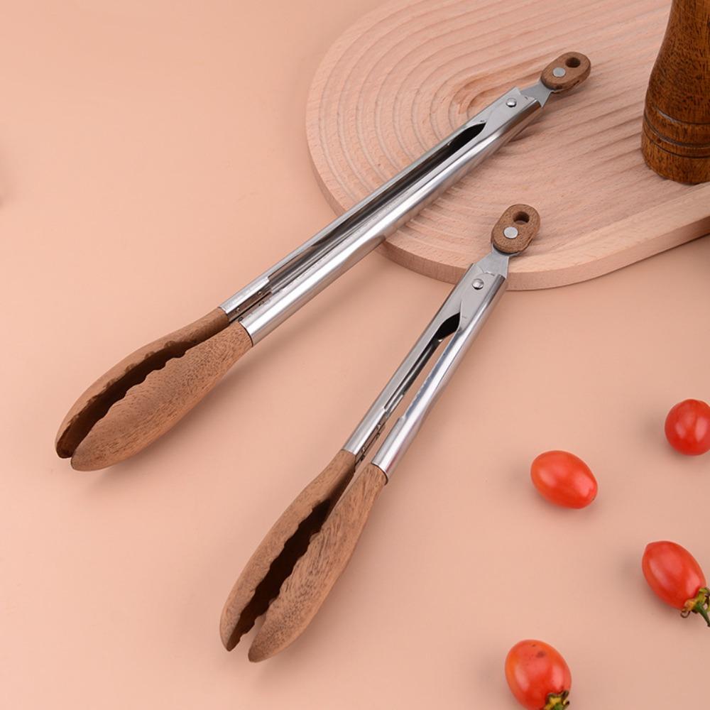 Non-Stick BBQ Grilling Tong Walnut Wood with Stainless Steel Handle Cooking Tong Durable Easy to Use Salad Bread Dessert Tong
