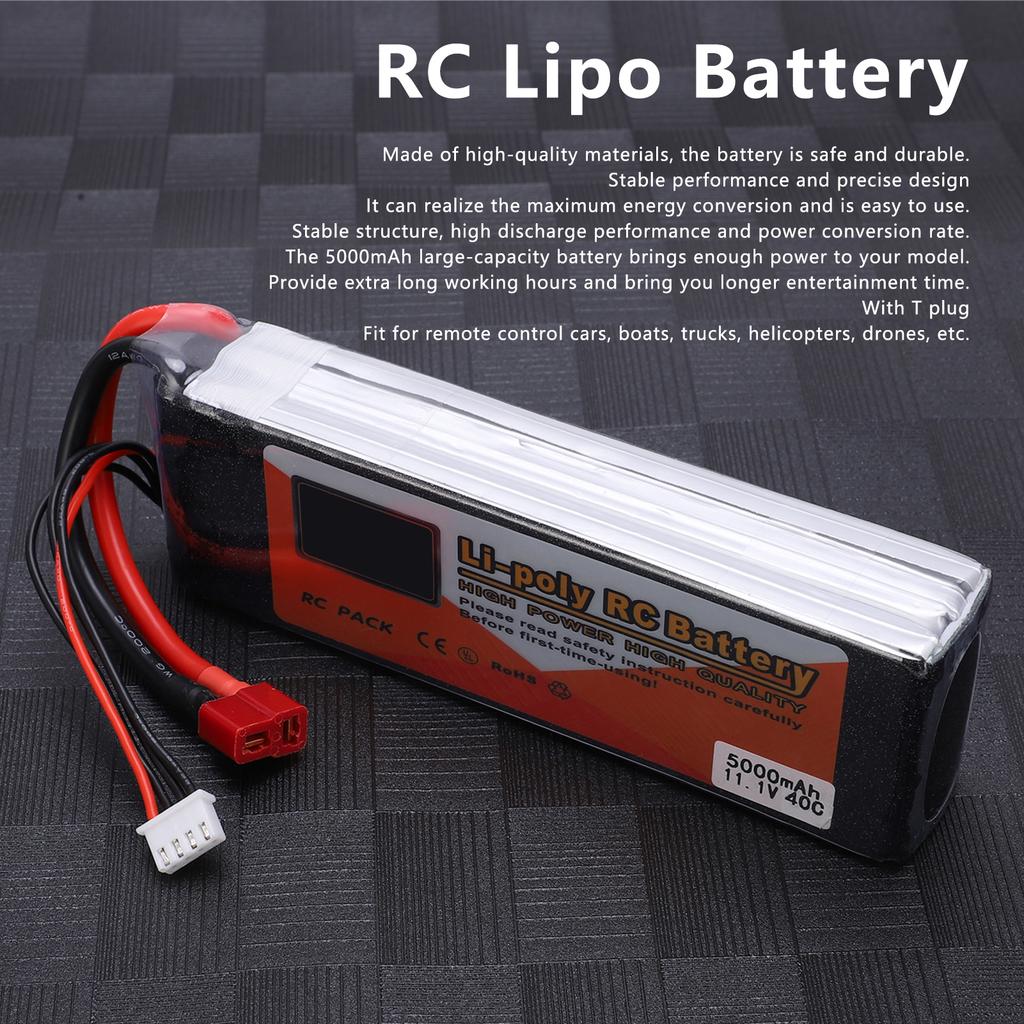 11.1V 5000mAh 3S 40C Lipo Battery Pack with T Plug RC Battery for RC Car Boat Helicopter Drones