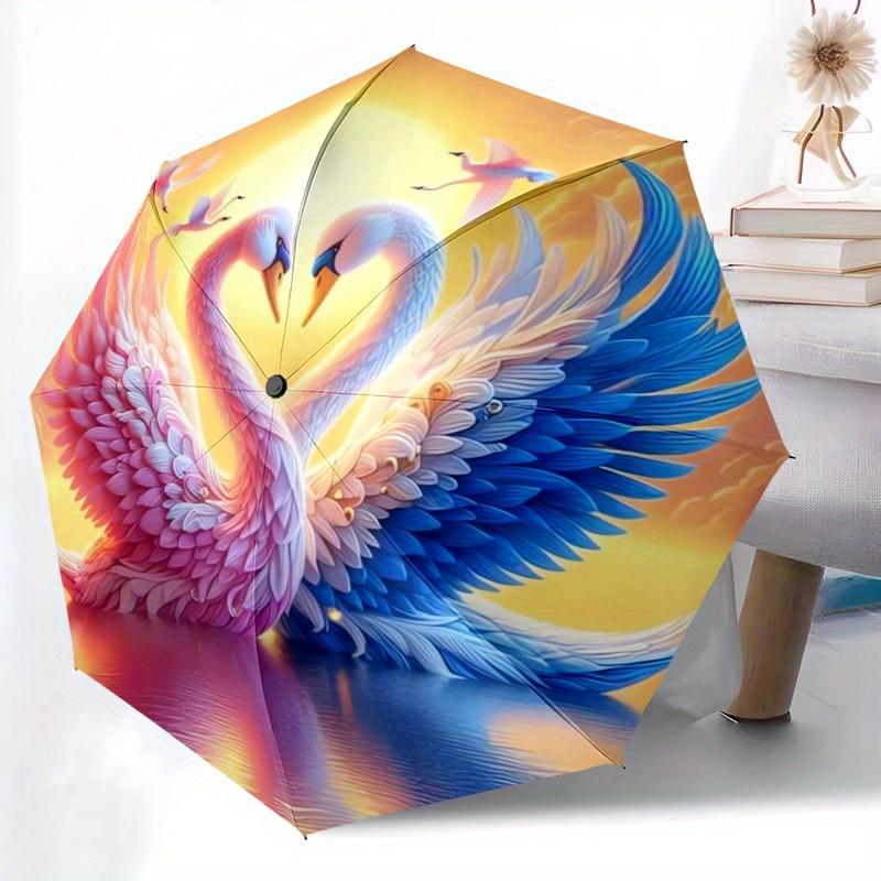 

Automatic Open/Close Umbrella with Swan Heart Sunset - Shield &, Romantic Pink to Blue Swan Heart Design, Sturdy 8-Rib Frame f