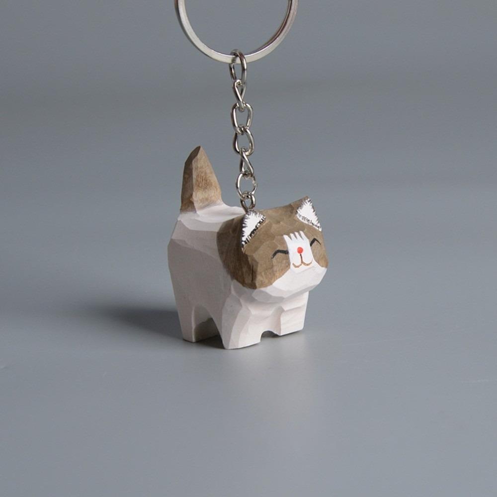 Creative Wooden Carving Cat Keychain Handmade Siamese Cat Keyring Hanging Accessory