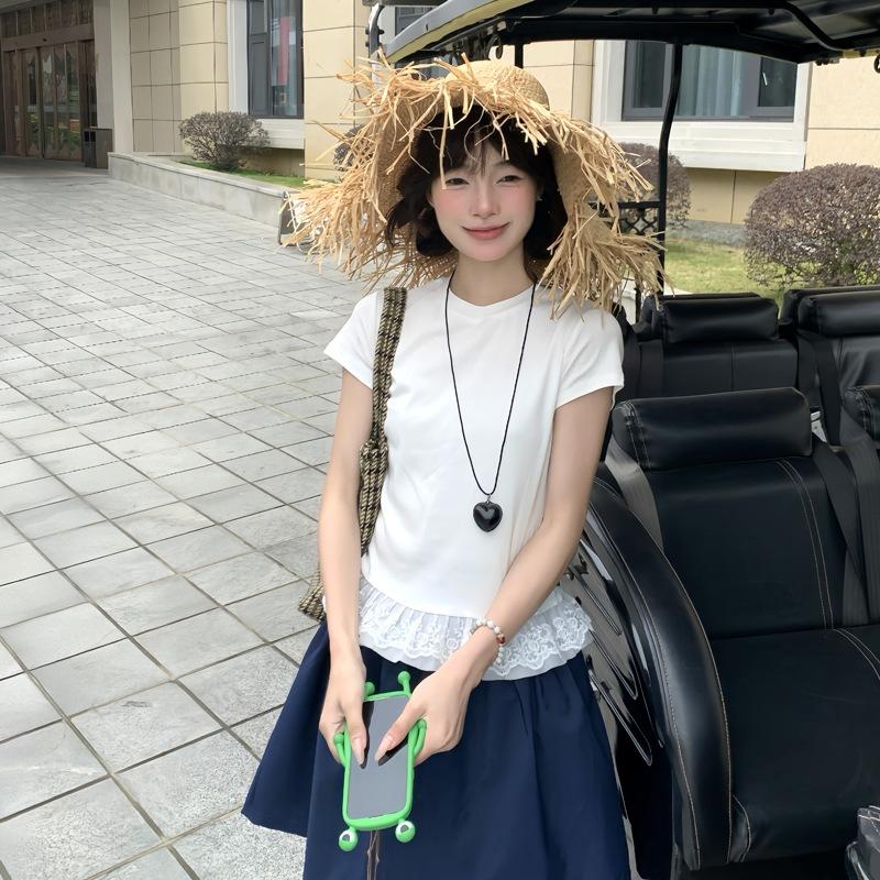 8073 #Special 92 cotton 8 elastane Korean sweet lace white short-sleeved women's T-shirt women's summer