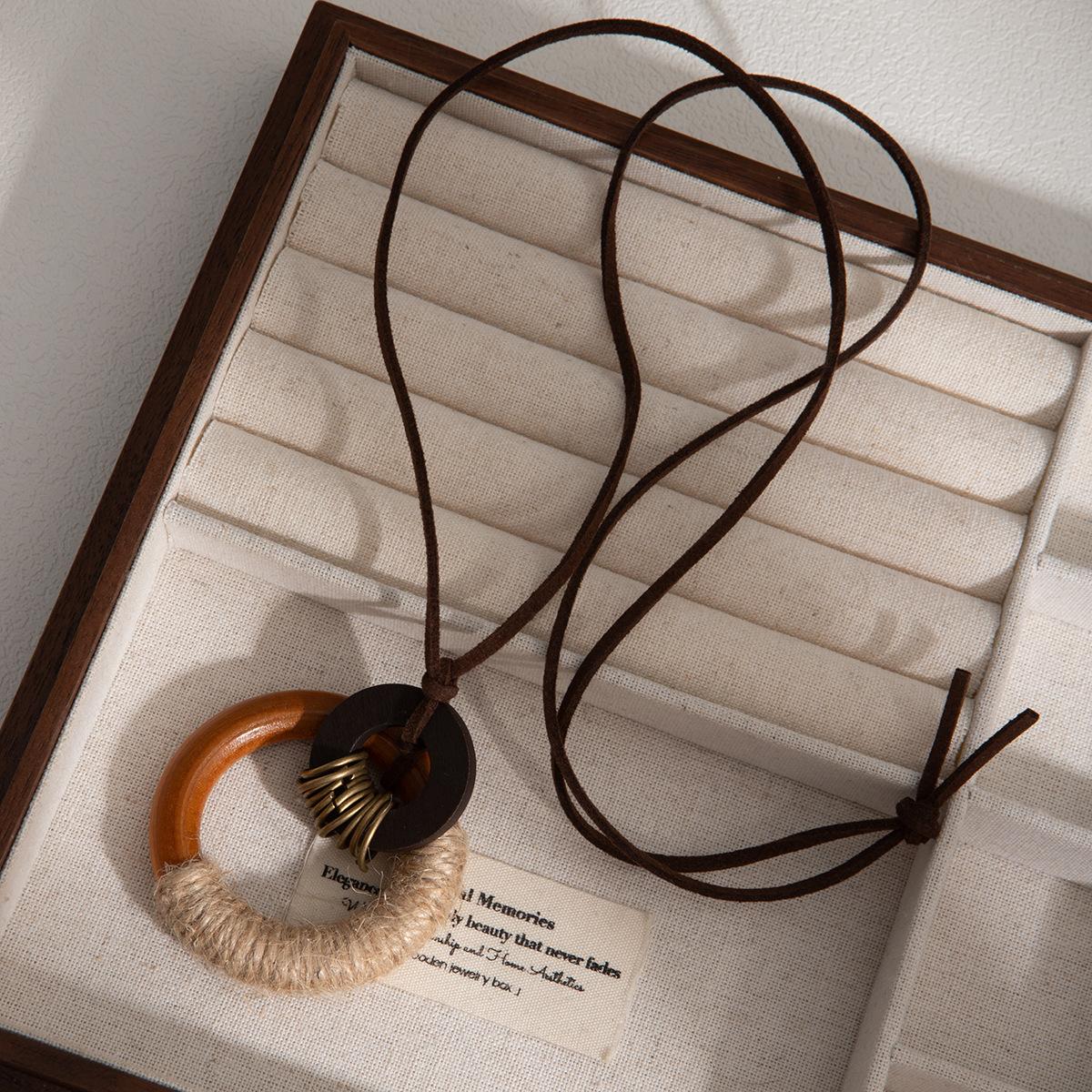 Национальный стиль Дзен Плетеная веревка Круглый кулон Ожерелье, Осенне-зимняя Ретро Бохо Национальный стиль Длинная цепочка для свитера