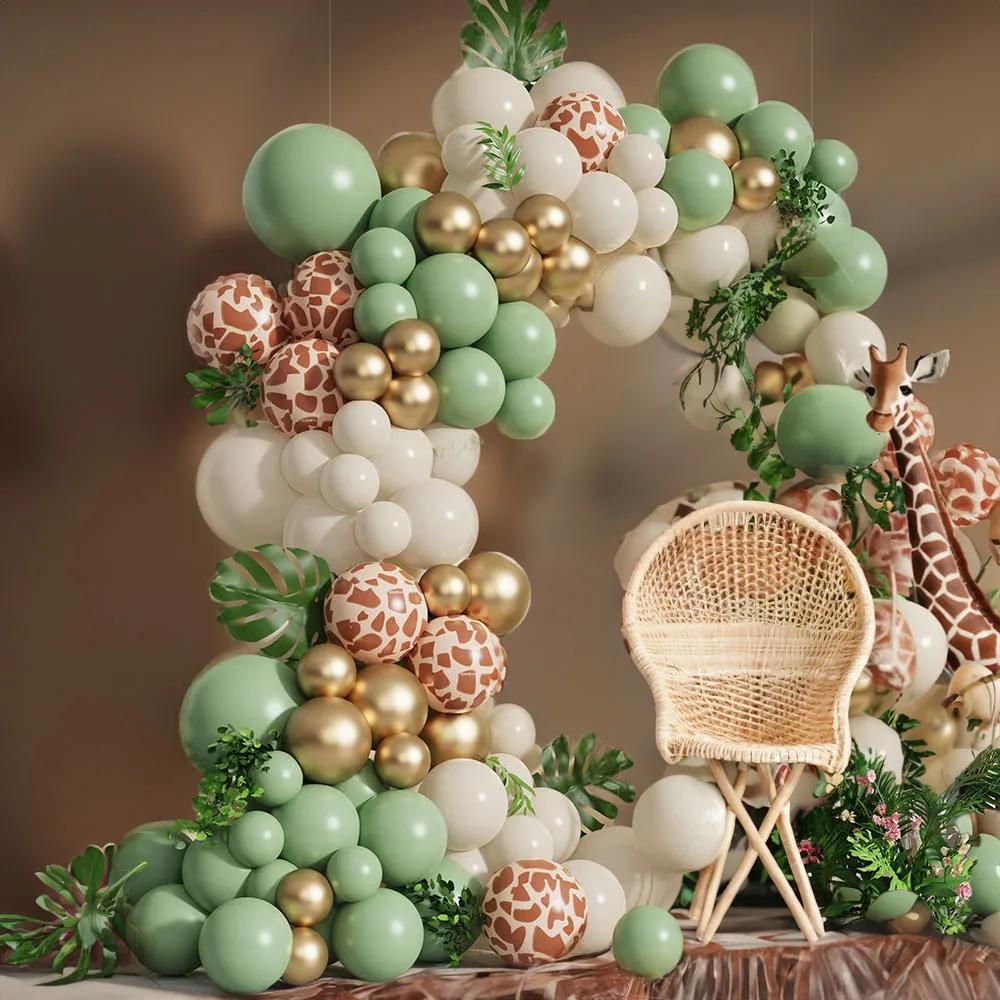 Sage Green Brown Wildlife Themed Balloon Garland Arch Kit Deer Print for Jungle Safari Kid Birthday Baby Shower Party Decoration