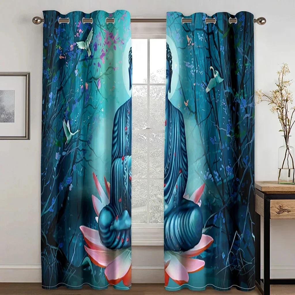 Stone Indian Buddha Statue Zen Lotus Cheap 2 Pieces Thin Window Curtains for Living Room Bedroom Decor Two Drape
