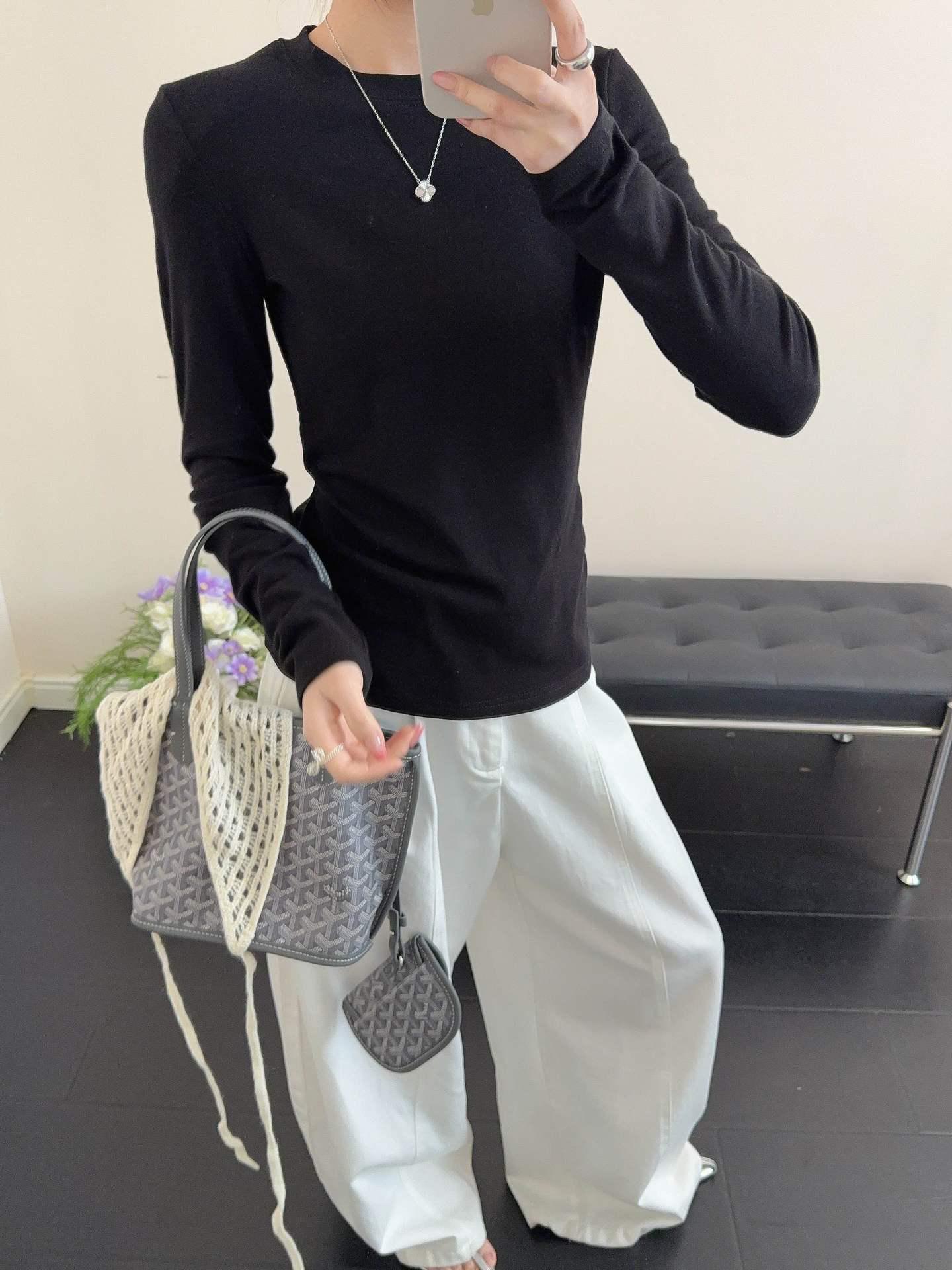 Korean Style Solid Color Slim-Fit Long Sleeve Round Neck Women s Pullover Top Medium чёрный