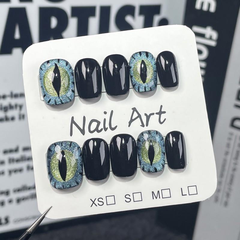Handmade Wearable Nail Tips Short Square Cat Eye Design False Nails Women Glam Punk Style Extra Small