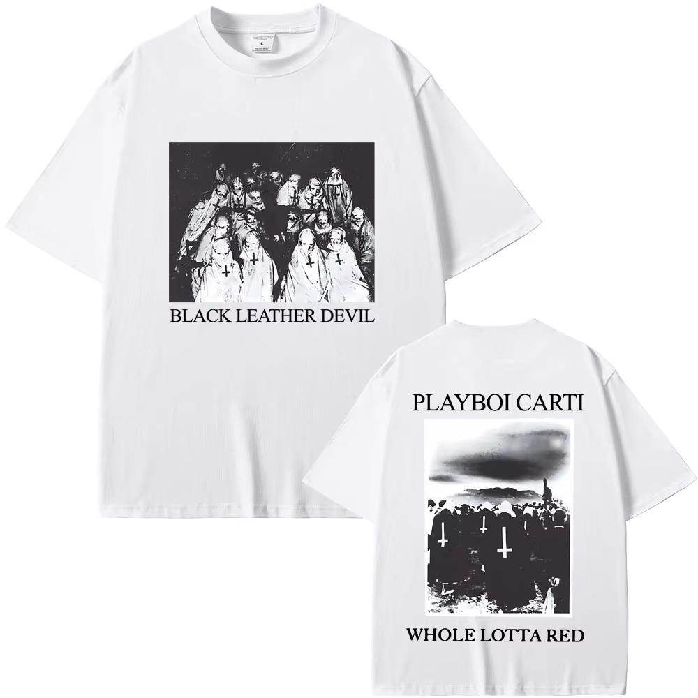 Rapper Playboi Carti Schwarzes Leder Teufel Whole Lotta Red Grafik T-Shirt Herren Vintage Übergroßes T-Shirt Cooles Hip Hop Opium T-Shirt
