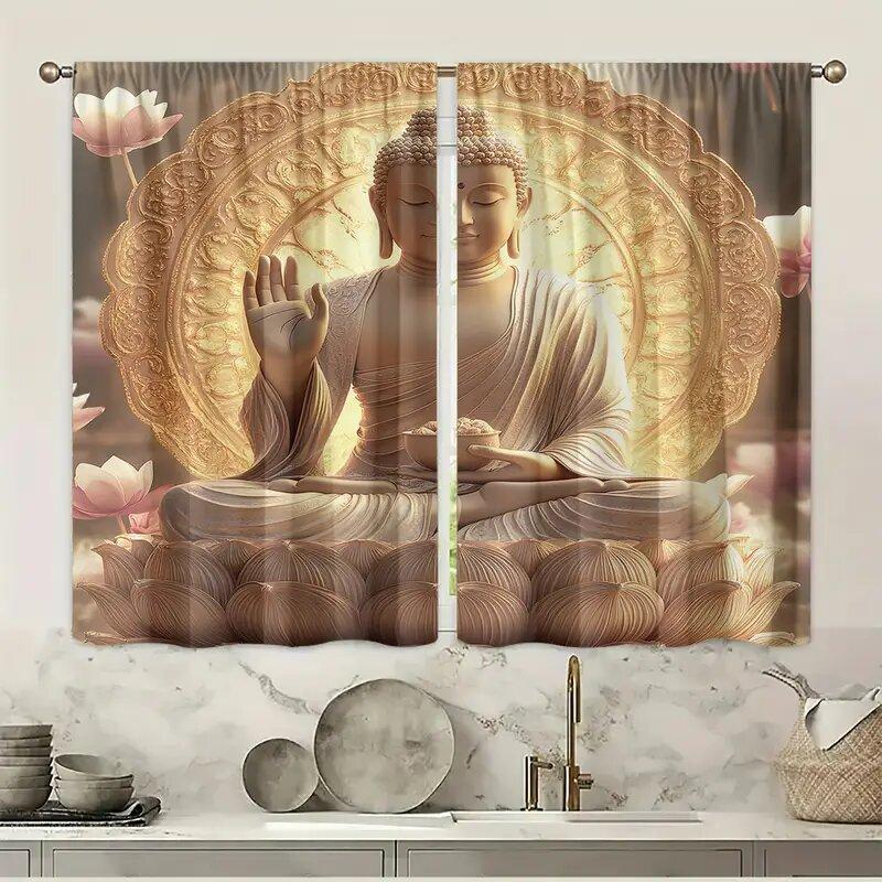 2pcs - A Buddha Statue with a Golden Background Print Curtains, Pole Bag Curtains, Home Decoration, Room Decoration