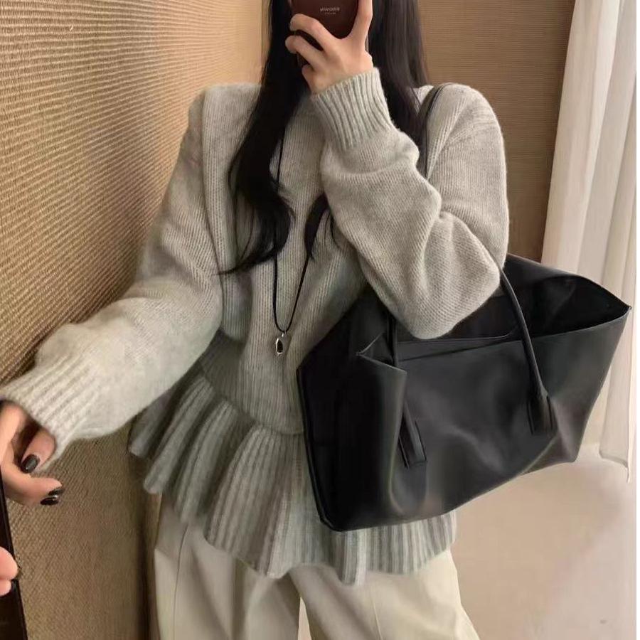 Korean Style Slimming Knitwear for Women: Versatile Round Neck Sweater with Detachable Skirt Hem