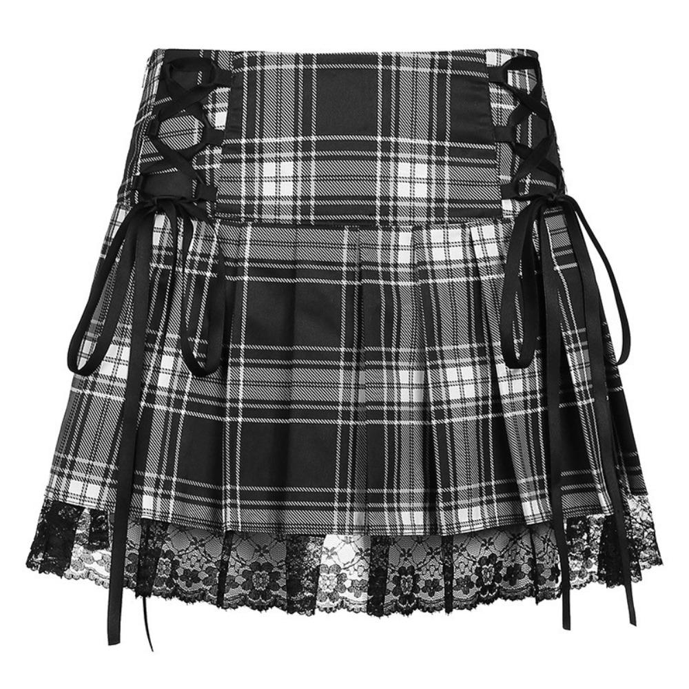 Women's High Waist Plaid Pleated Mini Skirt Double Side Lace Up Lace Hem Goth Punk Short Skirt