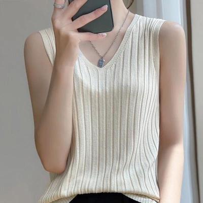 Women's Summer V-neck Loose Pullover Knit Undershirt Solid Color Sleeveless Bottoming T-shirt