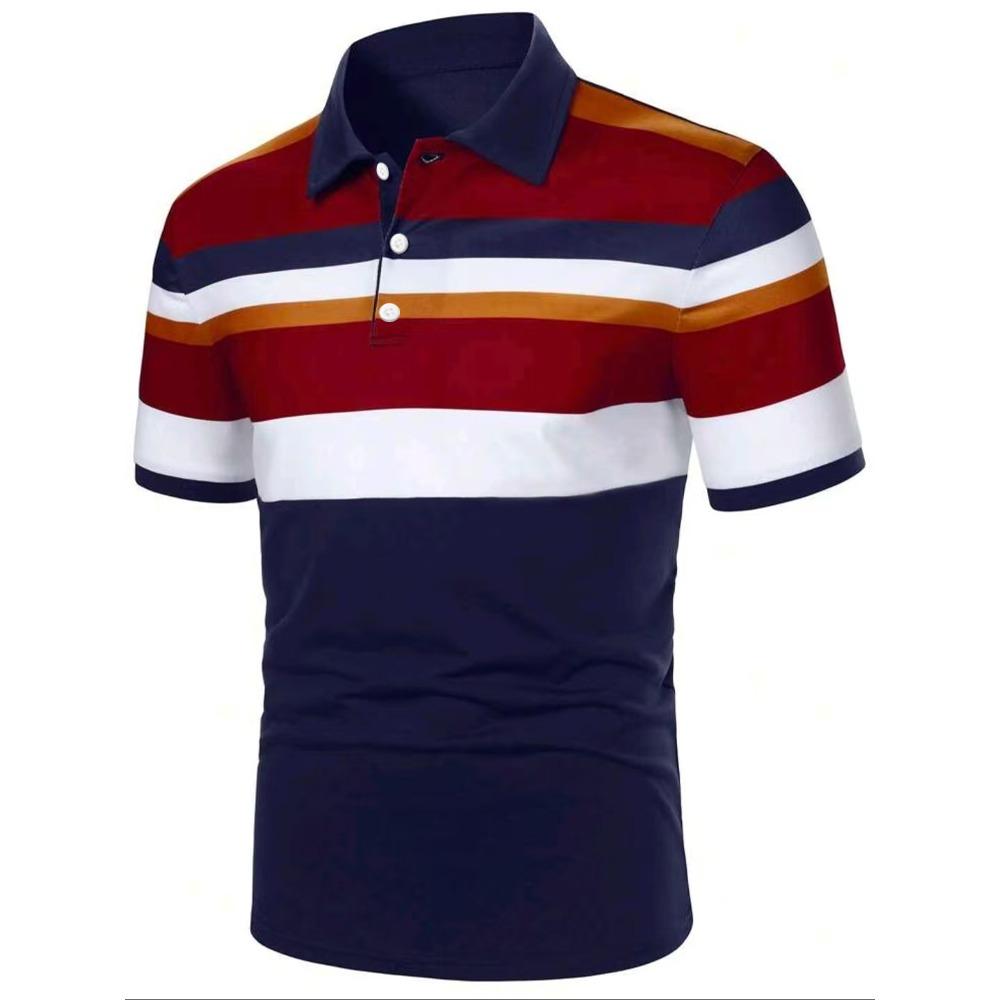 Summer Men New Short Sleeve Stripe Polo Shirt Men Business Casual Lapel Golf Polo Shirt Tops 100% Polyester