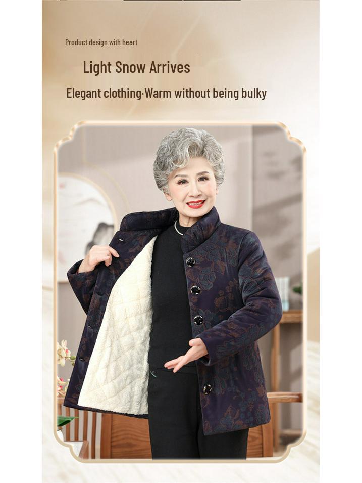 Elderly Women's Winter Fleece-Lined Cotton Jacket for 70-80 Year Olds