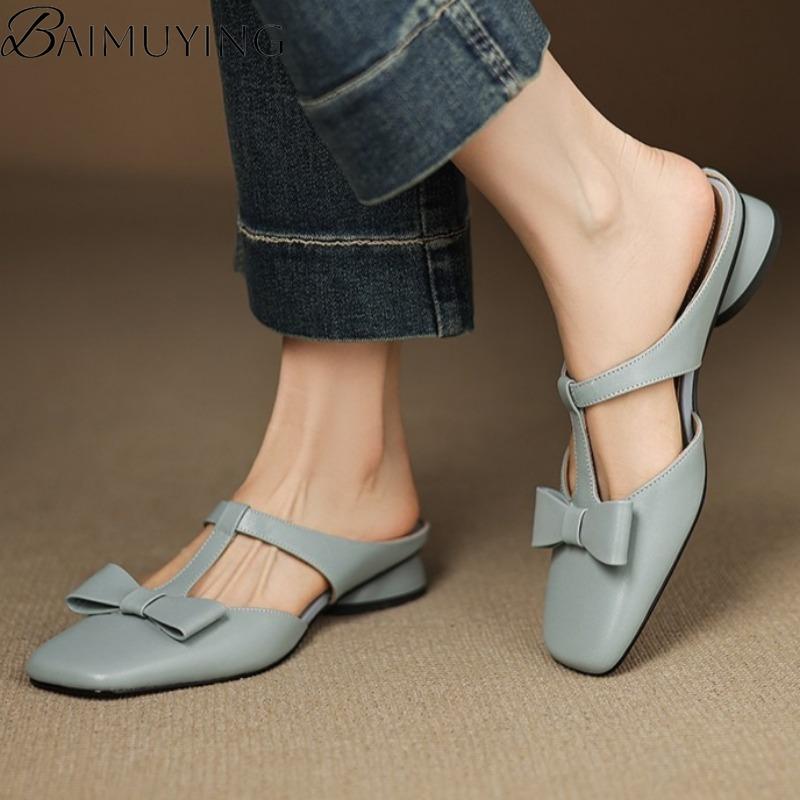 Fashion Bow Square Toe Slippers Mules Heeled Sandals Women Casual Loafers Shoes Woman 2025 Trend Summer Pumps Soft Leather Flip Flops