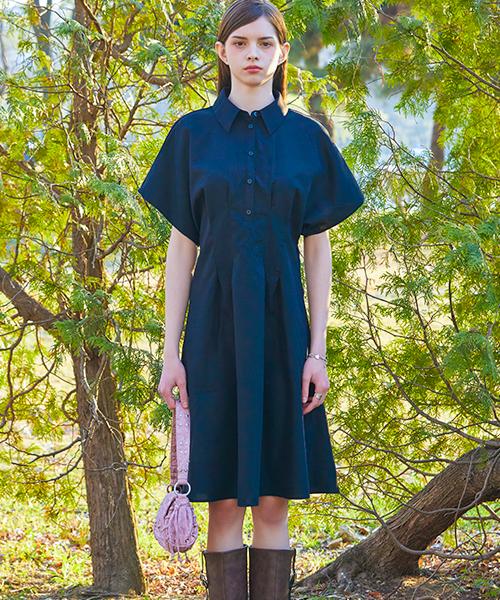 Collet Slim Fit Pintuck Summer Shirt Short Sleeve Mini Dress [Black] 611