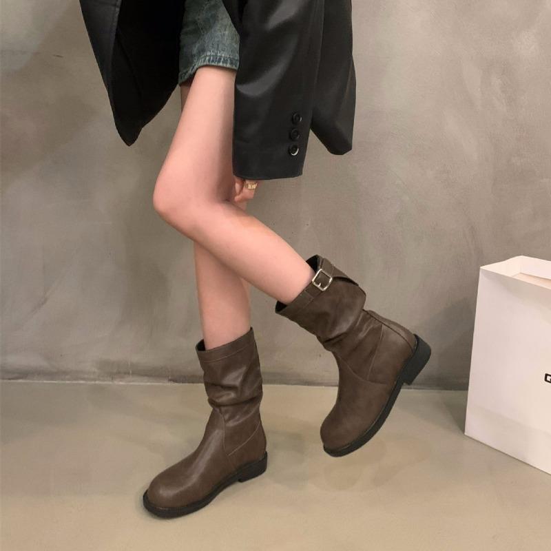 Autumn New Women's Knight Mid-calf Boots Fashion Trend Buckle Thick Bottom Short Boots Non Slip Comfortable Women Leather Shoes