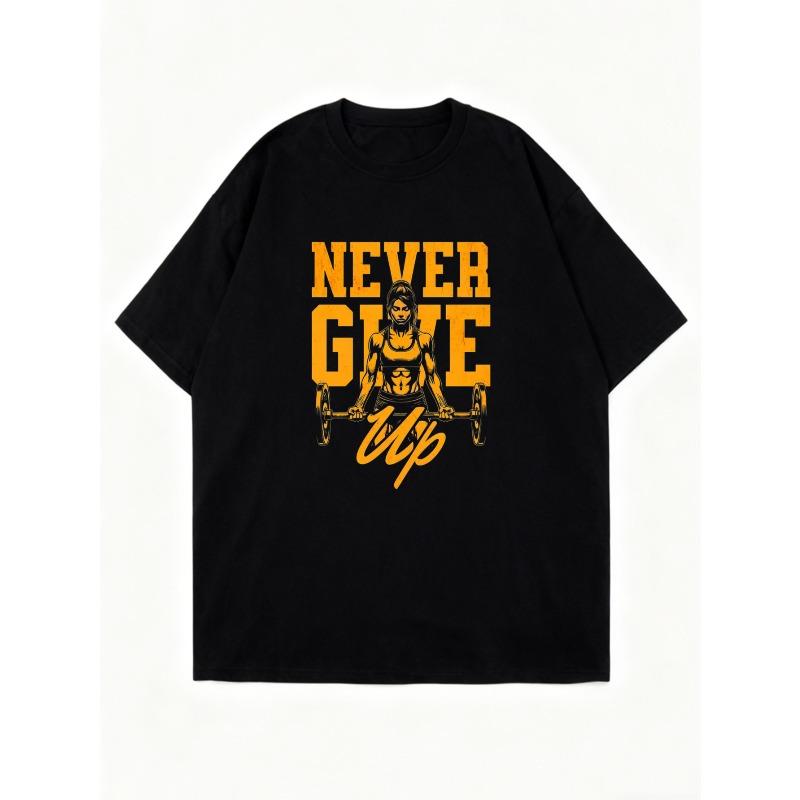 Black Oversized T Shirt Never Give Up Fitness Woman Lifting Barbell Graphic Print Motivational Quote Gym Workout Sport Casual Wear