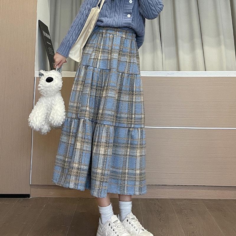 

Осенняя женская клетчатая принтованная лоскутная свободная повседневная юбка на шнуровке S синий