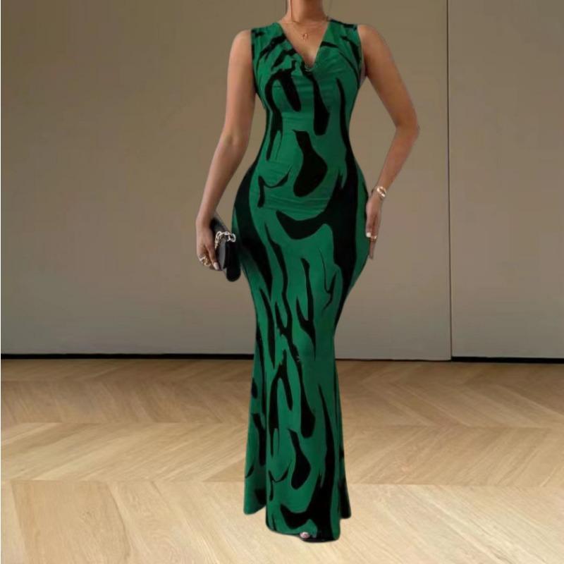 Fashion Elegant Pile Collar Maxi Long Dress New Sleeveless Printed Bodycon Party Dresses Plus Size Female Sexy Women's Clothing 3349