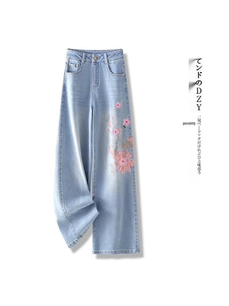 Light Blue Floral Embroidered Women's Curved Leg Jeans - New Chinese Style, Thin, Loose, Hip-Covering, Straight Leg for Spring and Autumn