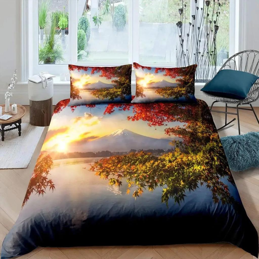 Japan Mount Fuji Duvet Cover Set Cherry Comforter Cover Retro Tower Bedding Set Japanese Ukiyo-E Bedspread Cover Full Queen Size