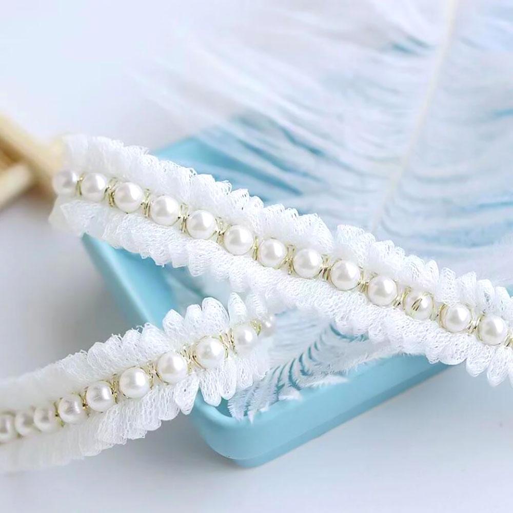 1 Yard White Mesh Pleated Pearl Fabric Glitter Beaded Fringe Lace Edge Trim Garment Collar Ribbon Wedding Dress Applique Decor