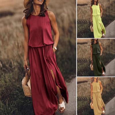 Women Summer Dress Pleated Round Neck Sleeveless Solid Color Loose Slit Hem Maxi Dress Daily Date Party Wear Long Dress