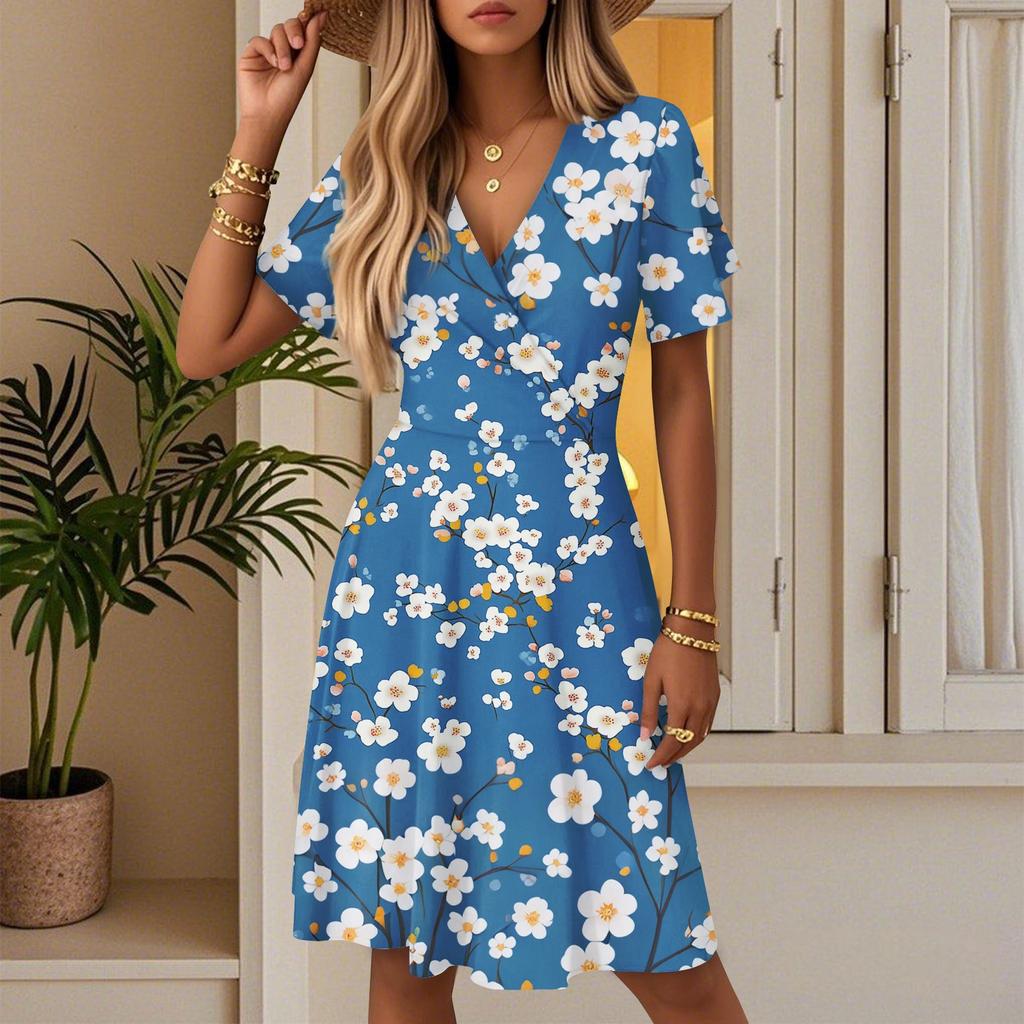 Damen Sommer Mode Blumenmuster Kleid Lässig Strand A-Linie V-Ausschnitt Lockeres Sommerkleid