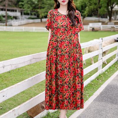 Plus Size Vintage Print Long Dress Women Loose Short Sleeve Casual Dresses Elegant Middle-aged Women's Clothing