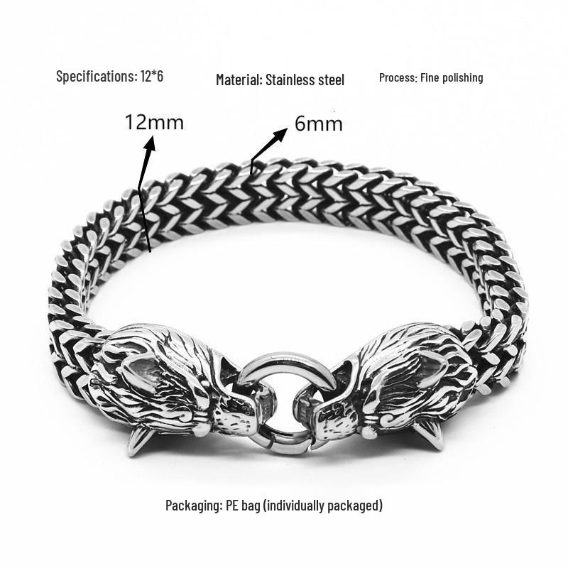 Men's Stainless Steel Viking Wolf Head Chain Bracelet - Vintage Style