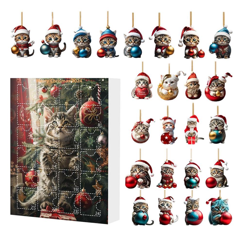 2025 Christmas Countdown Advent Calendar Cat Ornament Calendar 24Pcs Cute Cat Flat Pendant Decoration Cartoon Festival Supplies