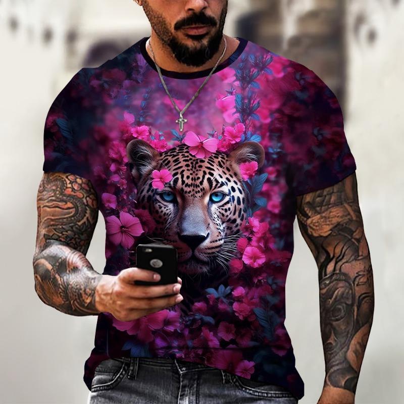 Vintage Animal T-Shirt Mens T Shirt 3d Fierce Leopard Print Tee Summer Short Sleeve Holiday T Shirt Loose Clothing Male Pullover